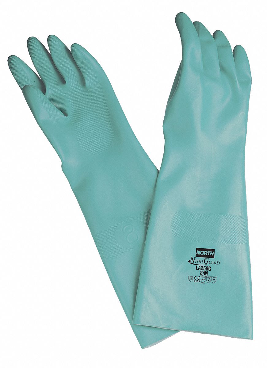 CHEMICAL RESISTANT GLOVES, 25 MIL, 18 IN LENGTH, SIZE 9, GREEN