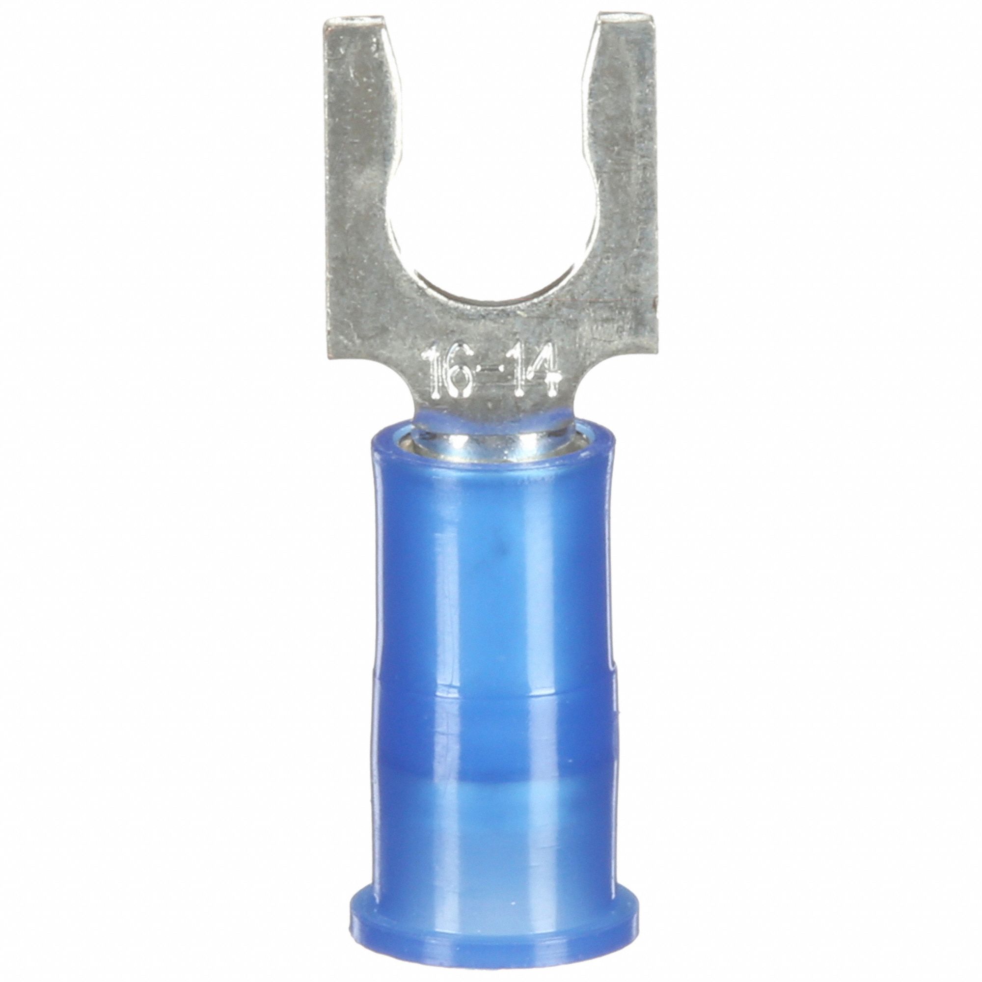 Fork Terminals: Blue, Nylon, #8 Stud Size, 16 AWG – 14 AWG Wire Range, Locking Fork, 600 V