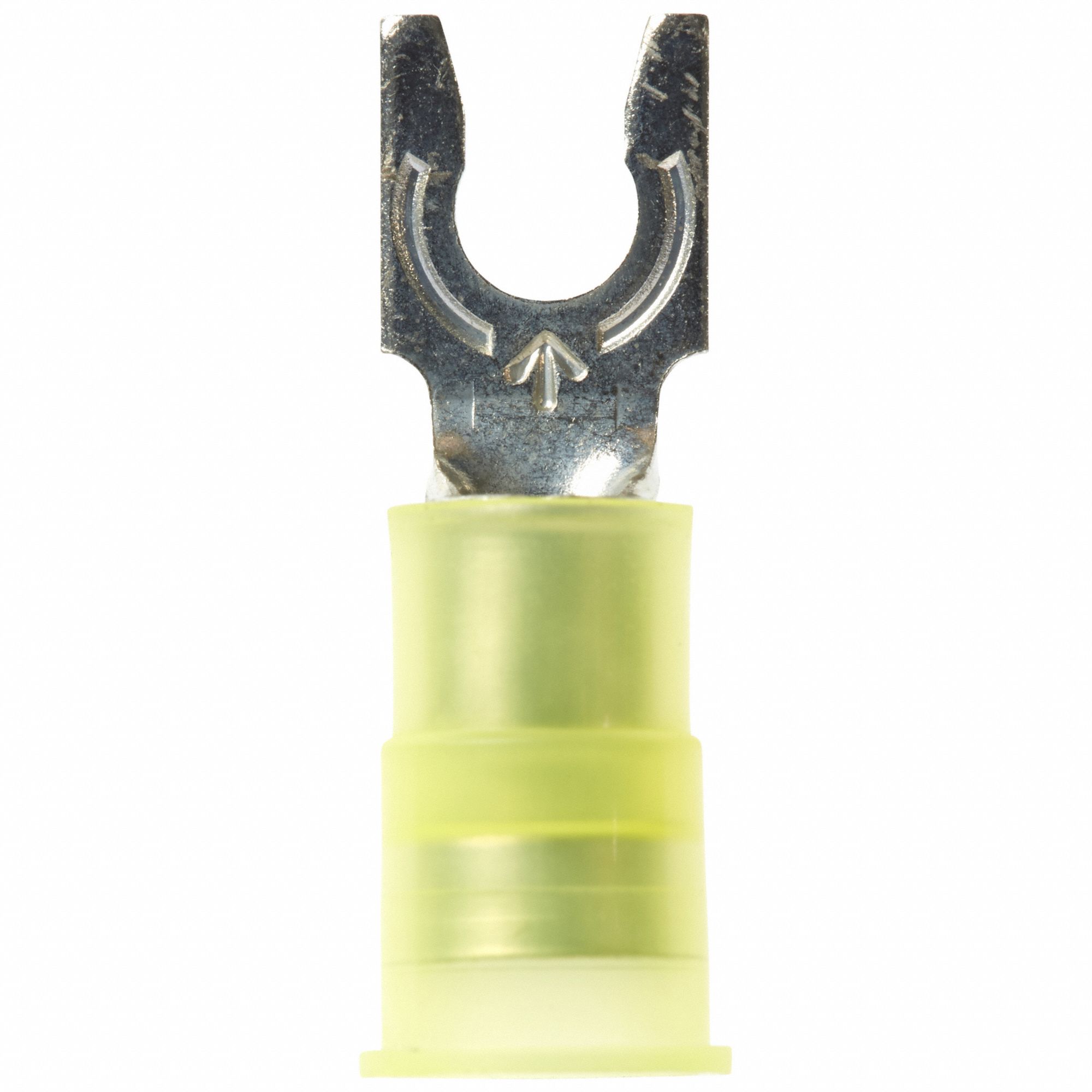 Fork Terminals: Yellow, Nylon, #8 Stud Size, 12 AWG – 10 AWG Wire Range, Locking Fork, 600 V