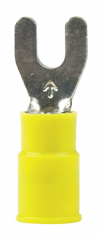 FORK TERMINAL, YELLOW, NYLON, #8 STUD SIZE, 12 AWG TO 10 AWG WIRE SIZE RANGE, CRIMP/NYLON, 50 PK