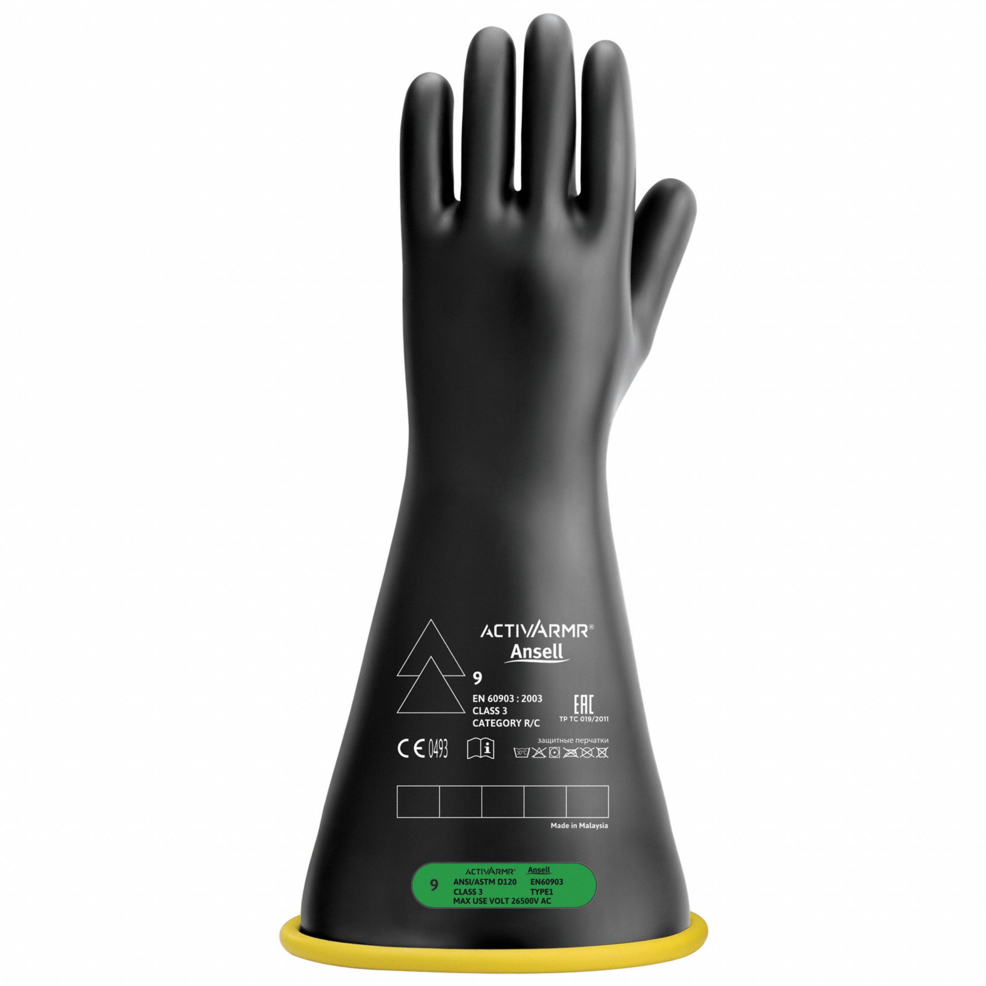 Electrical-Insulating Gloves: 26, 500V AC, 39, 750V DC, Black/Yellow, 16 in Glove Lg, 1 PR