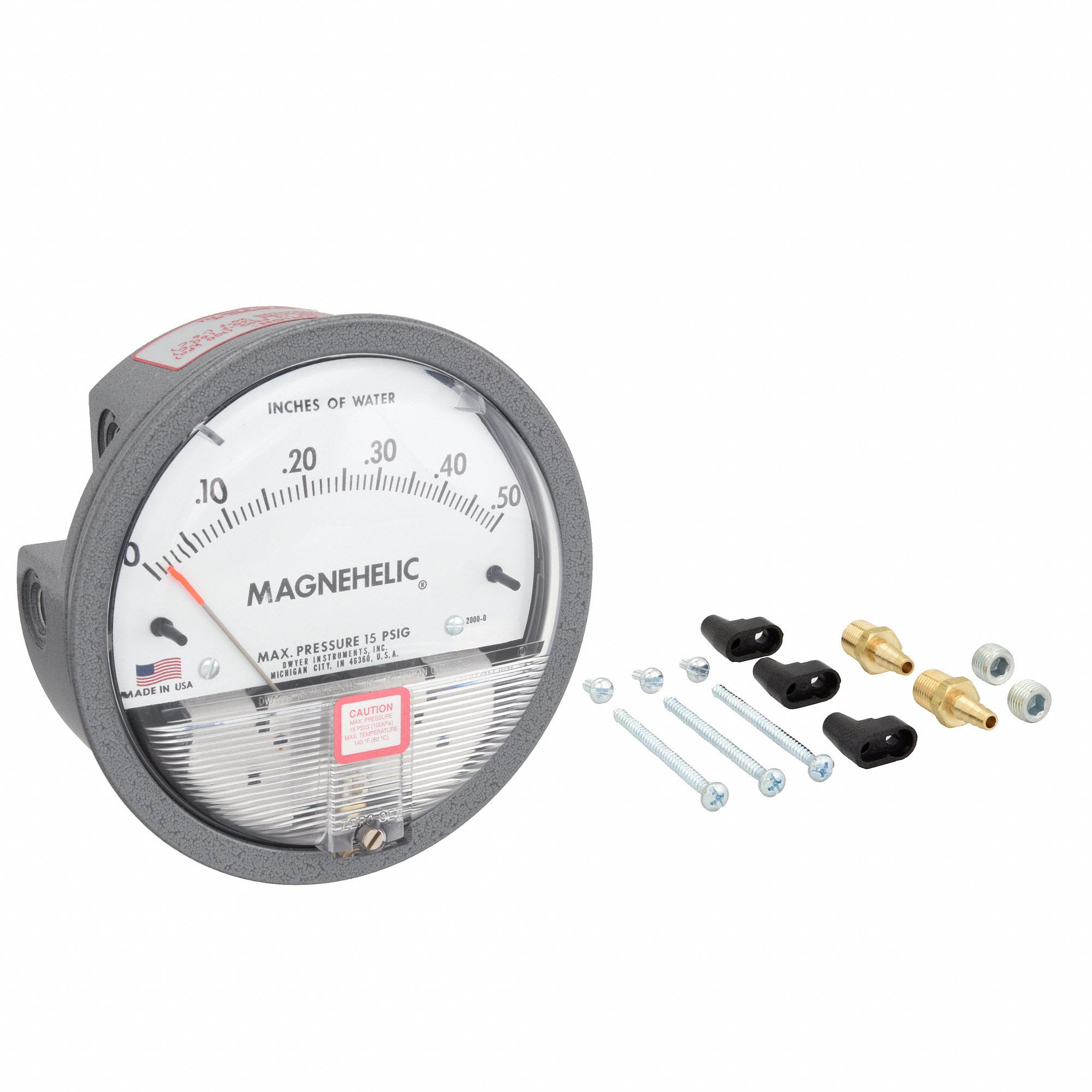 DWYER 1/8 in FNPT Differential Pressure Gauge with 4 in Dial, 0 to 0.50 in wc, Die Cast Aluminum