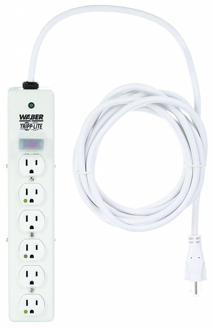 SURGE PROTECTOR OUTLET STRIP, 6 OUTLETS, HOSPITAL GRADE NEMA 5-15R, 15 FT CORD, WHITE