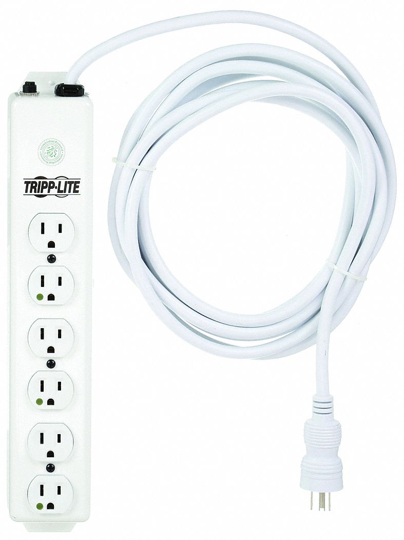 OUTLET STRIP, 6 OUTLETS, 15 FT CORD, 15 A MAX, WHITE, HOSPITAL GRADE NEMA 5-15P