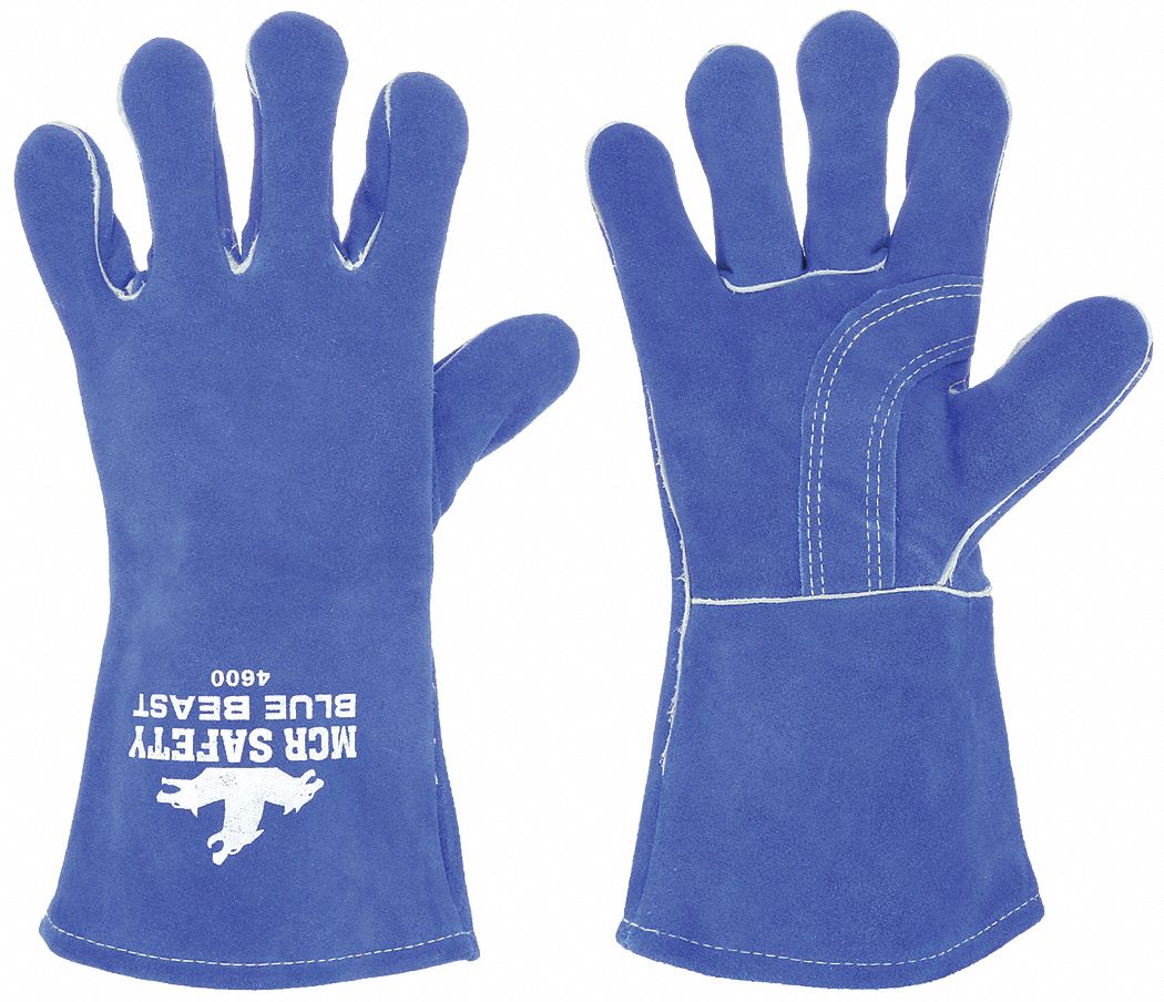 Welding Gloves: Wing Thumb, Gauntlet Cuff, Premium, Blue Cowhide, MCR Safety Blue Beast 4600, 1 PR