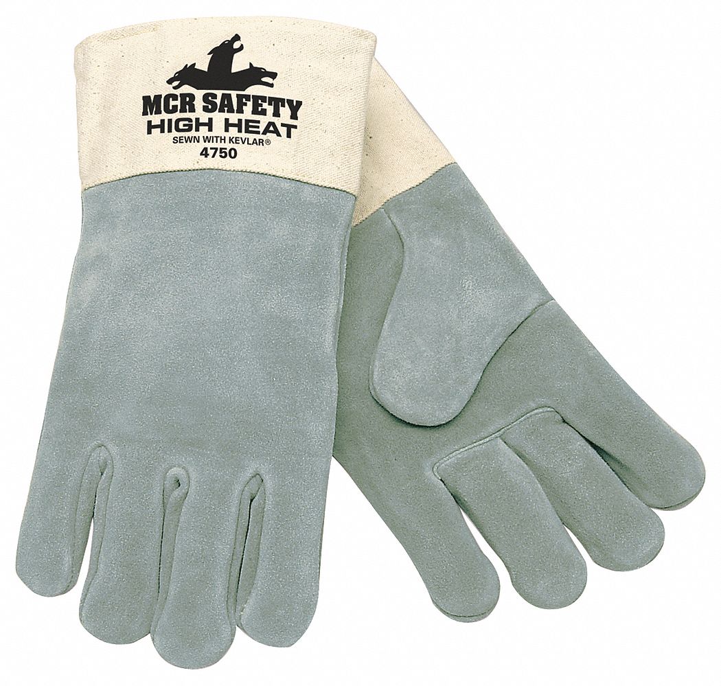 Welding Gloves: Wing Thumb, Safety Cuff, Premium, Gray Cowhide, MCR Safety High Heat 4750, 1 PR