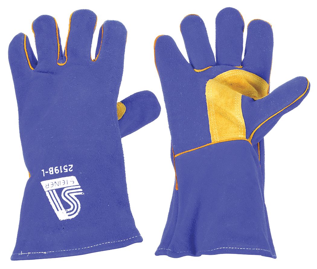 Welding Gloves: Wing Thumb, Gauntlet Cuff, Premium, Blue/Yellow Cowhide, L Glove Size, 1 PR