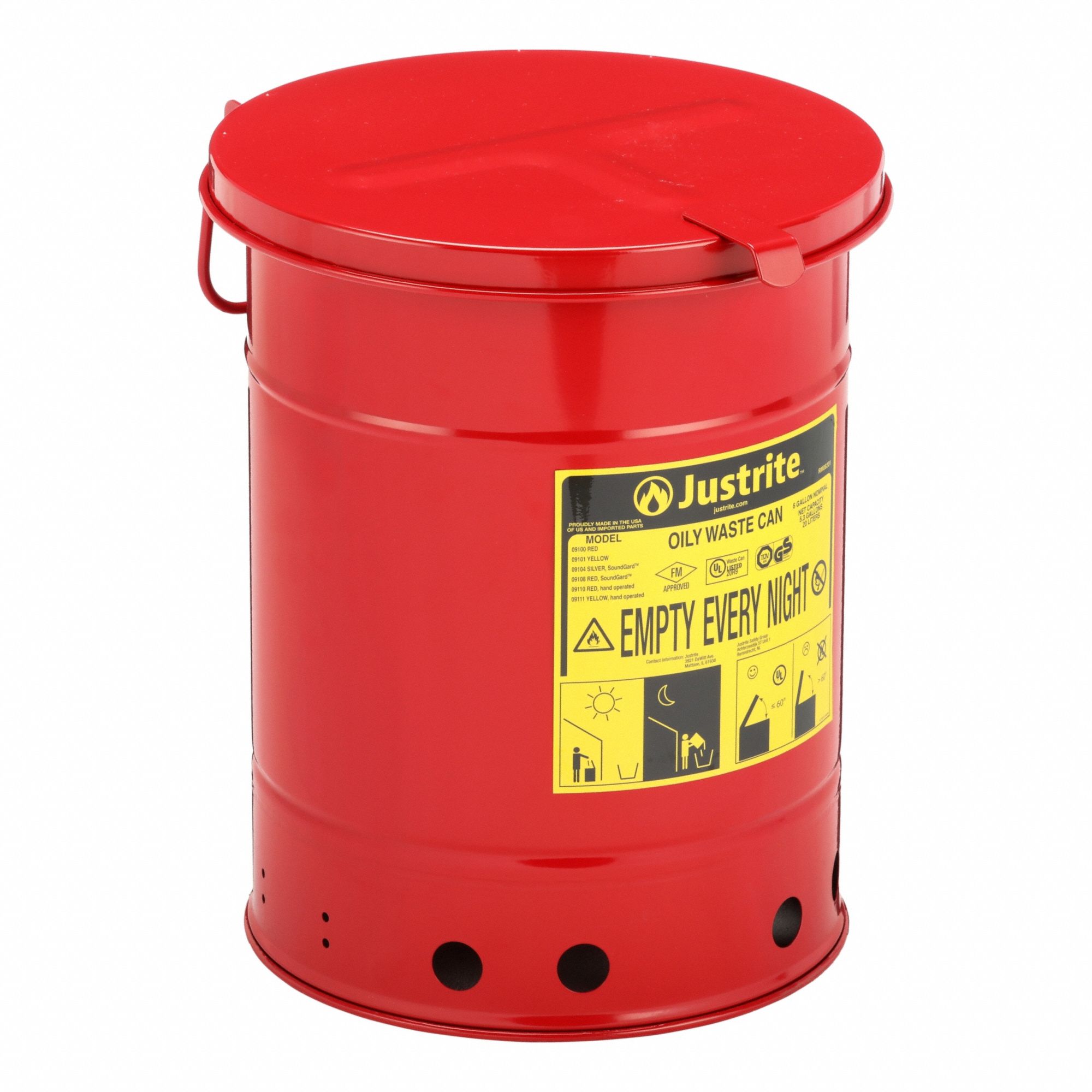Oily Waste Can: 6 gal Capacity, Red, Hand Operated Self-Closing, Powder Coated Steel