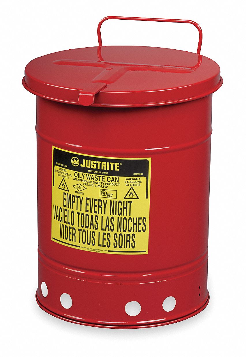 OILY WASTE CAN, 21 GAL, RED, GALVANIZED STEEL, 23-7/16 IN H, HAND OPERATED SELF CLOSING