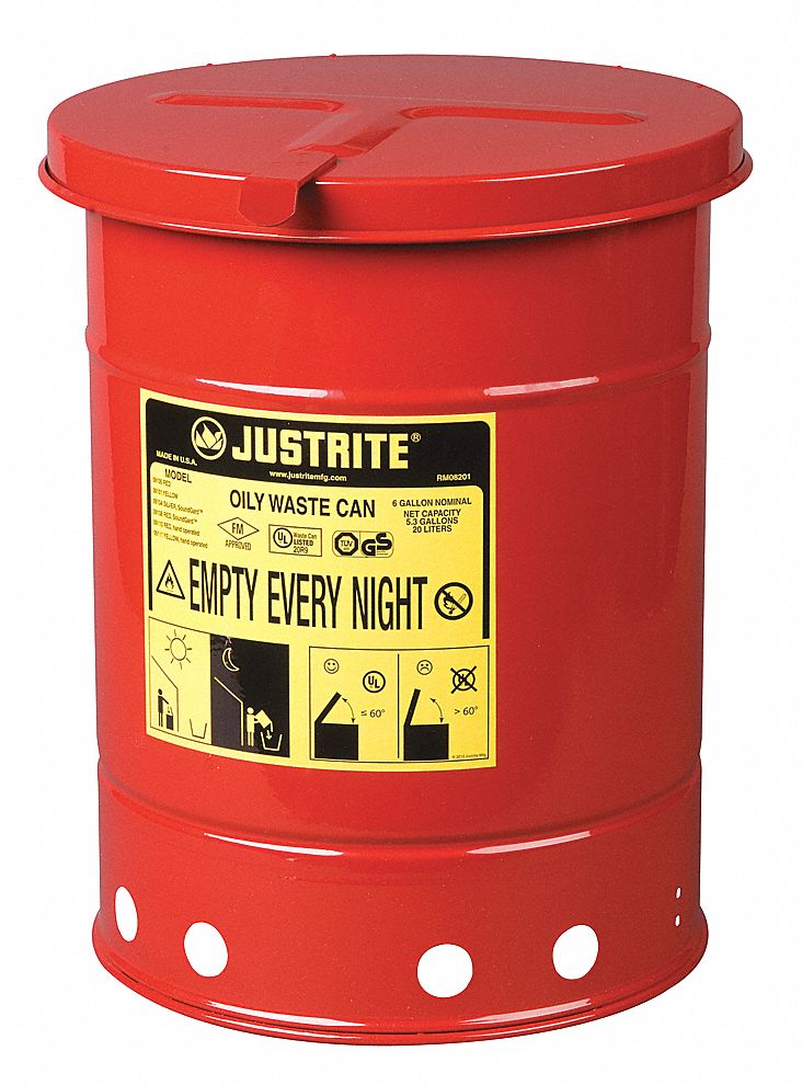 OILY WASTE CAN, 6 GAL, RED, GALVANIZED STEEL, 15⅞ IN H, HAND OPERATED SELF CLOSING