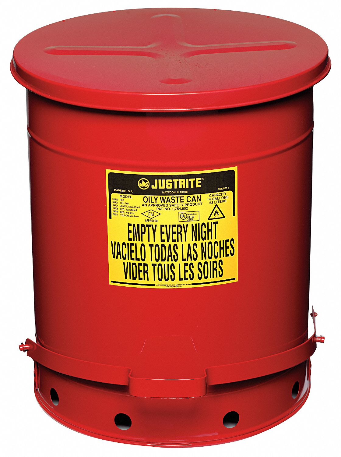 JUSTRITE Oily Waste Can: 14 gal Capacity, Red, Sound Dampening Foot  Operated Self Closing