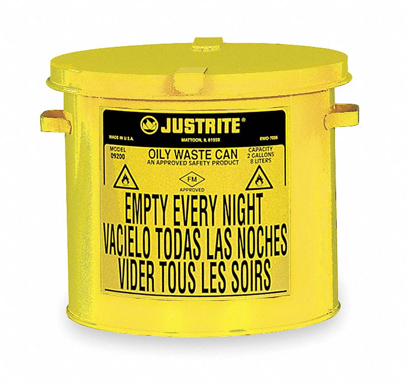 COUNTERTOP OILY WASTE CAN, 2 GAL, YLW, GALVANIZED STEEL, 9⅛ IN H, HAND OPERATED SELF CLOSING