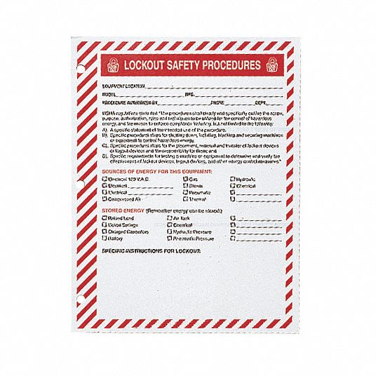 BRADY Lockout Procedure Forms, For Use With Lockout Procedure Binder ...