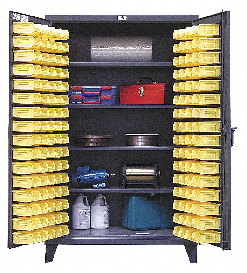Bin Cabinet: 36 in x 24 in 78 in, 4 Shelves, 96 Bins, Yellow, Flush, 12 ga Panel, Gray