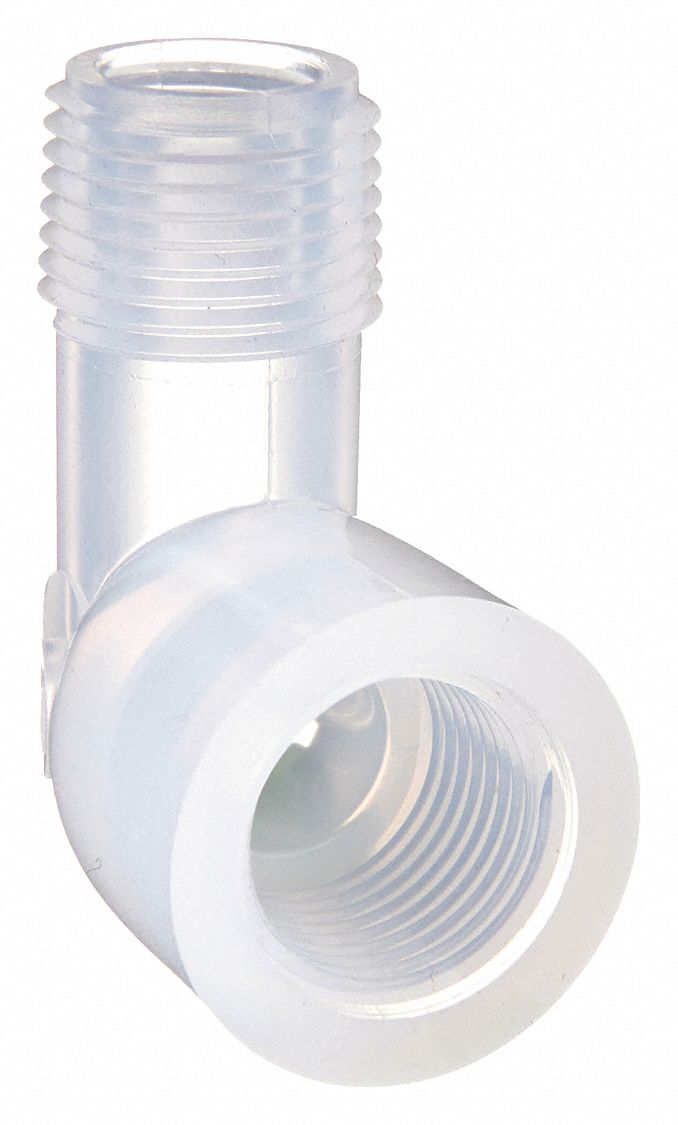 Pipe Elbow: 1/4 in x 1/4 in Pipe Size, 63/64 in Overall Lg, PFA, Female NPT x Male NPT