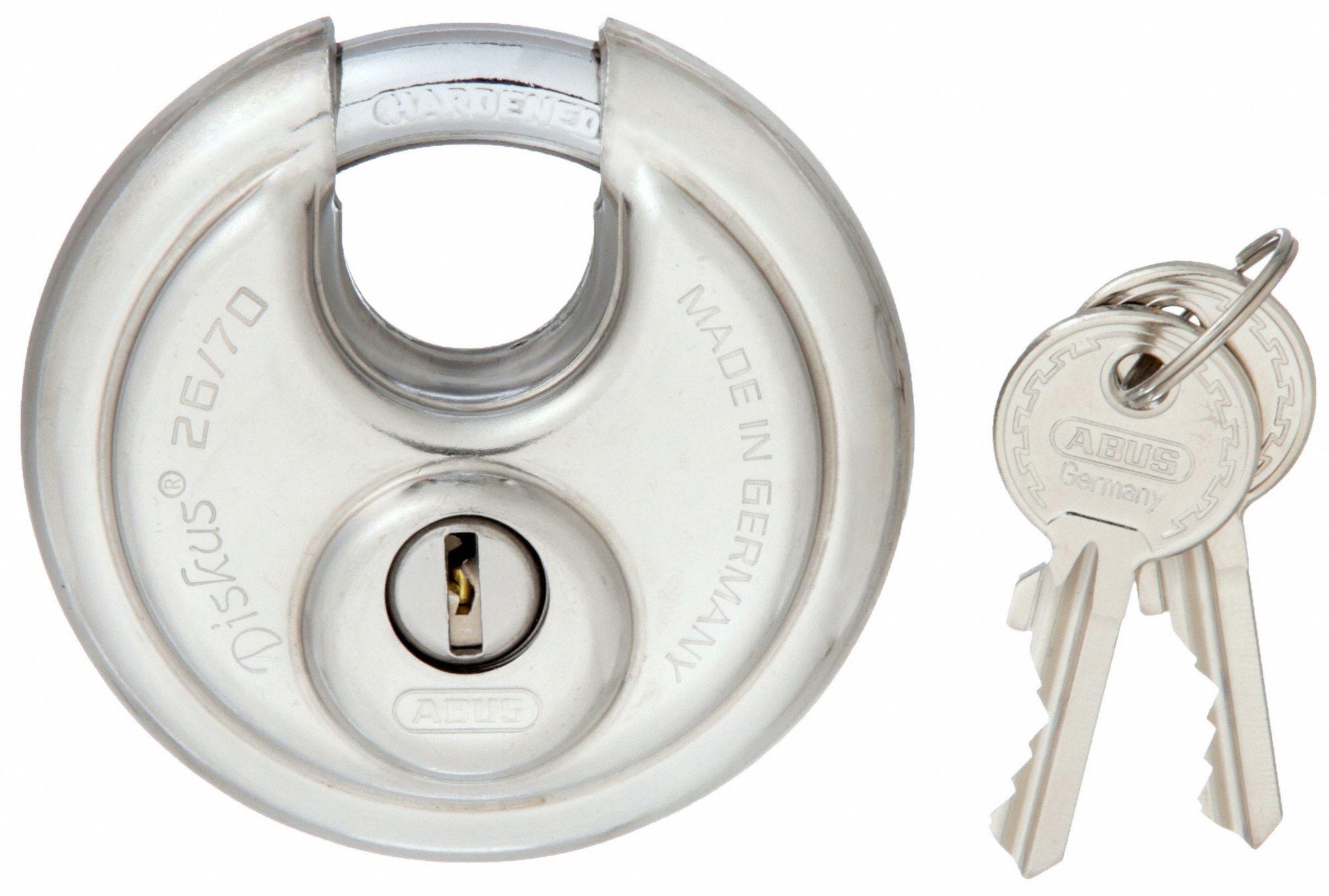 KEYED PADLOCK, 43/64 IN VERTICAL SHACKLE CLEARANCE, 25/32 IN HORIZONTAL SHACKLE CLEARANCE, 3 IN D X 1 IN, SILVER