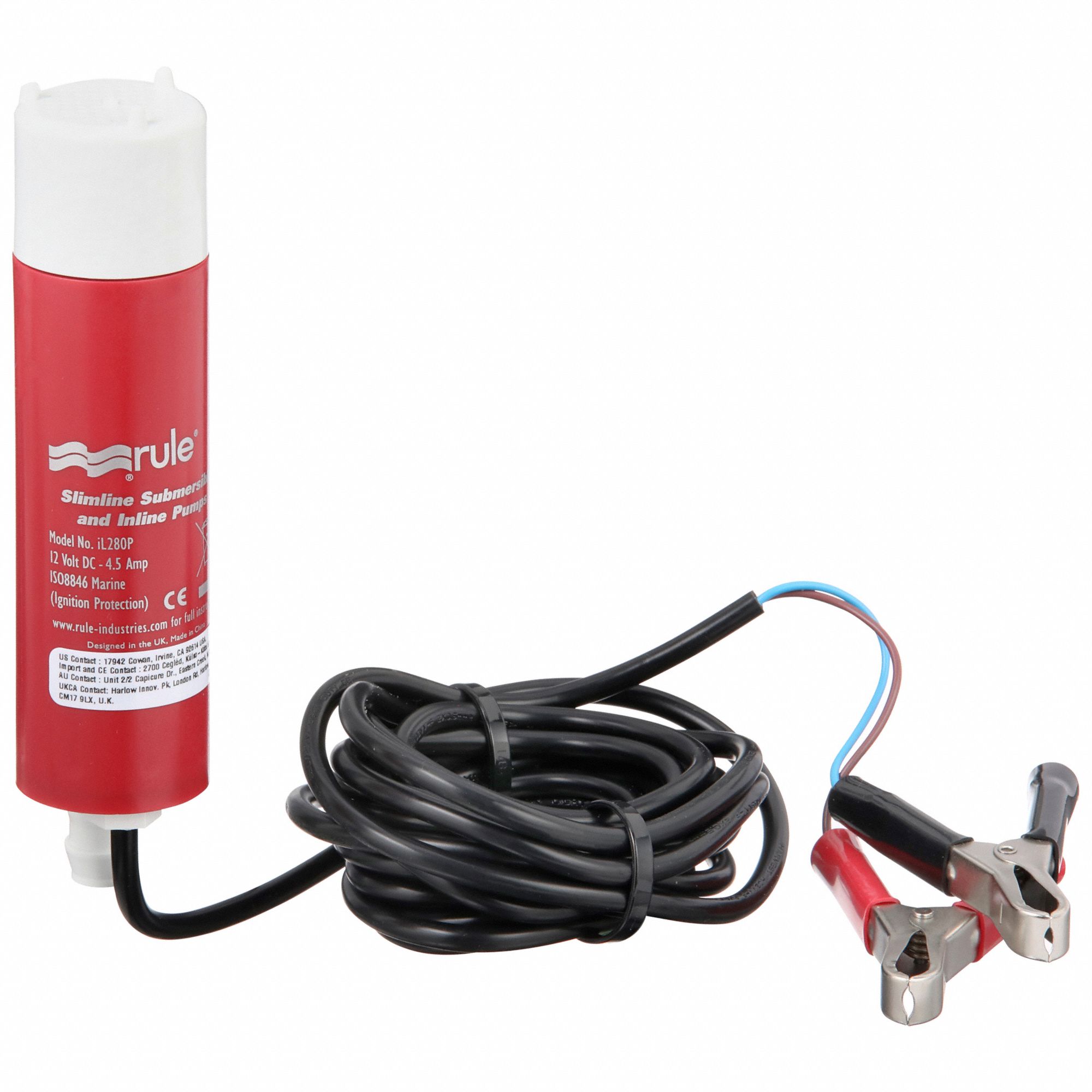 MARINE UTILITY PUMP, POTABLE, 12V DC, 32 FT MAXIMUM HEAD, 1/2 IN BARBED DISCHARGE, BATTERY CLIPS