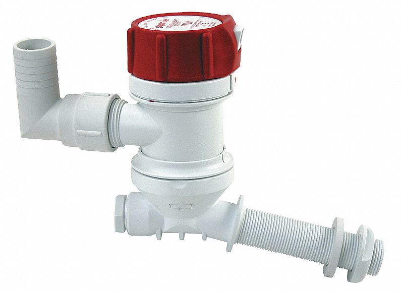 Livewell Pump: 1, 100 gph Max Flow, Through-Hull Angled Pickup Tube, Intake Connection 4 in NPS