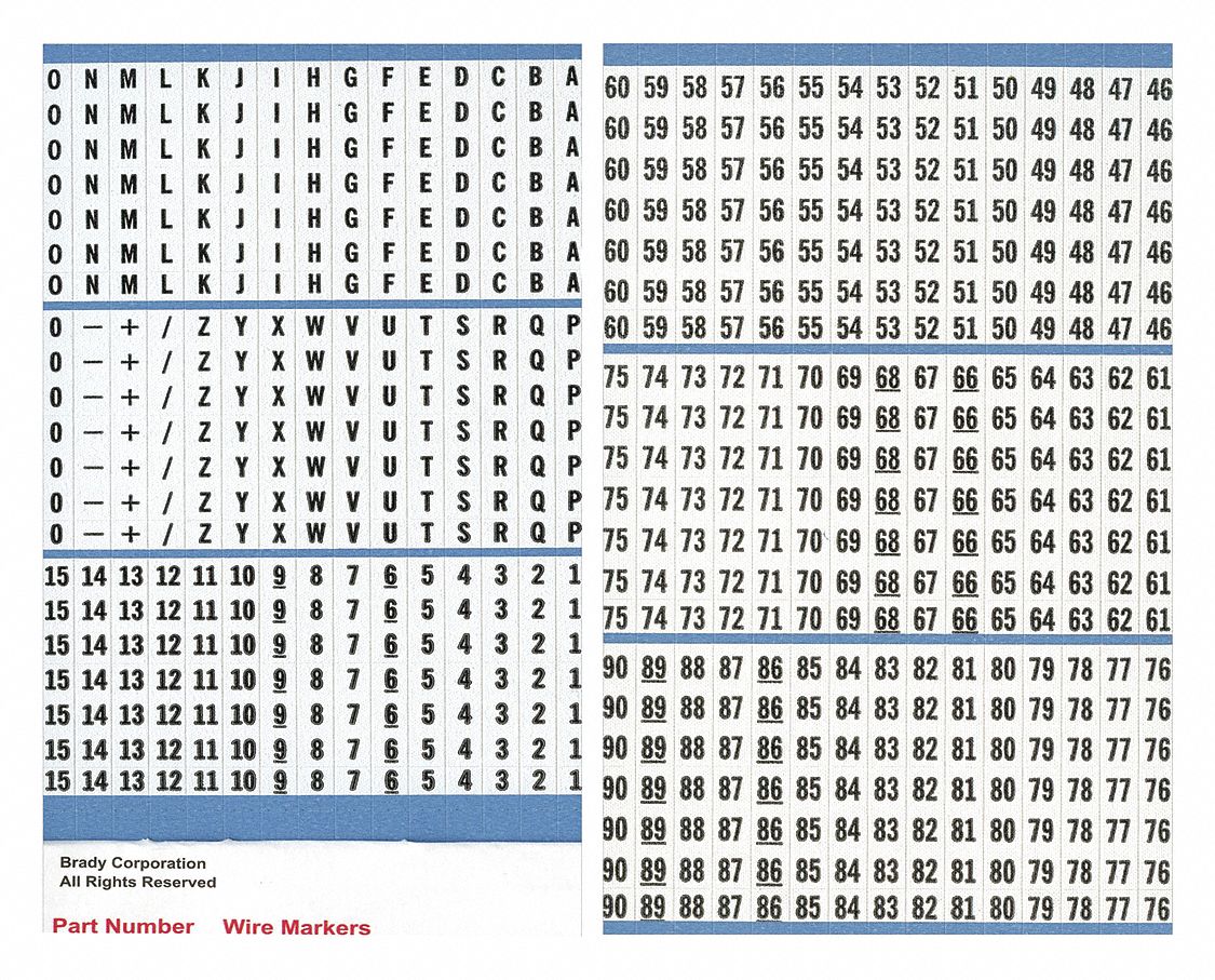Brady 0 To 90 A Z Minus Plus Slash Black On White Wire Marker Book Zz 3tp21 Pwm Pk 8 Grainger