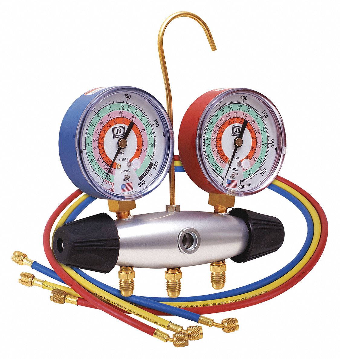 MANIFOLD GAUGE, ALUMINUM, 60 IN L, 3 HOSES, 2 VALVES, 0 TO 800/30 IN HG TO 500 PSI