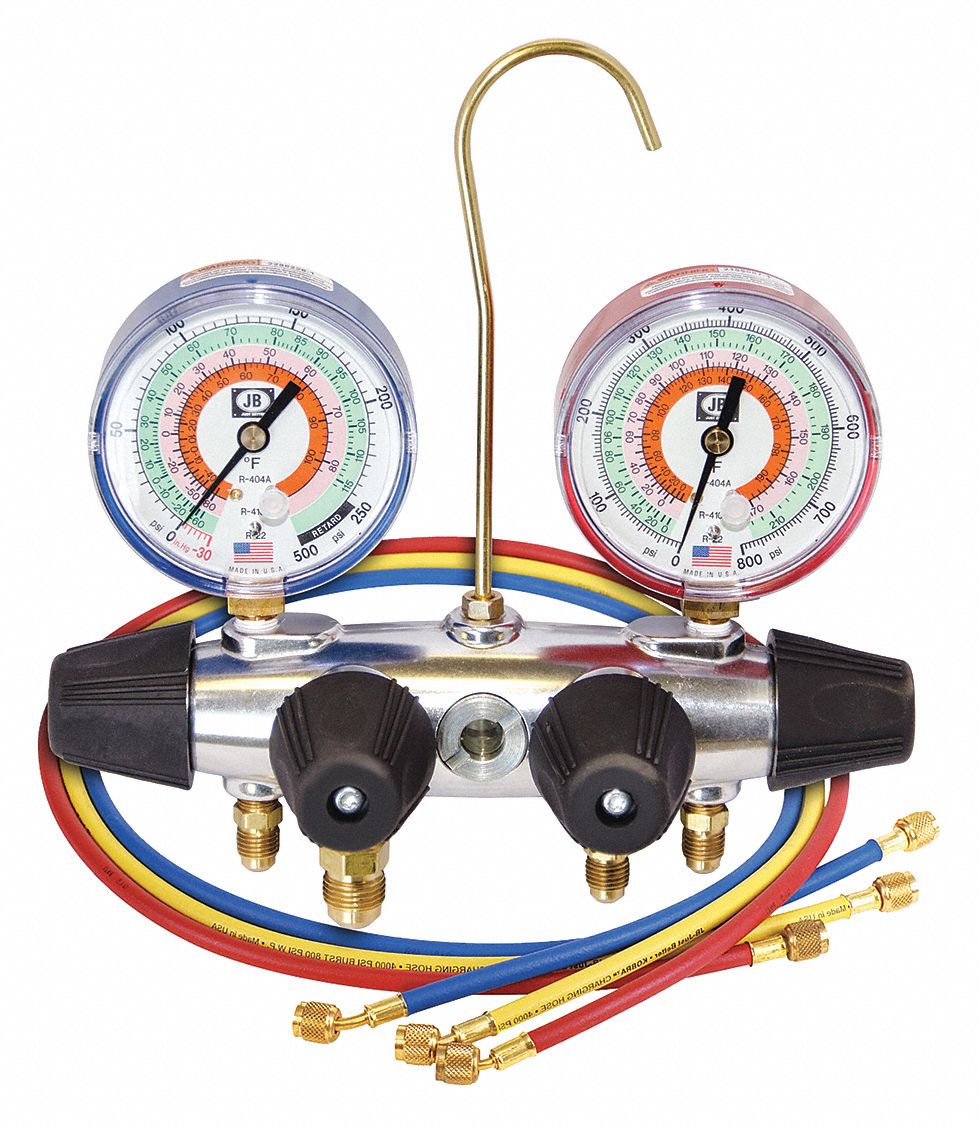 MANIFOLD GAUGE, ALUMINUM, 60 IN L, 4 HOSES, 4 VALVES, 0 TO 800/30 IN HG TO 500 PSI