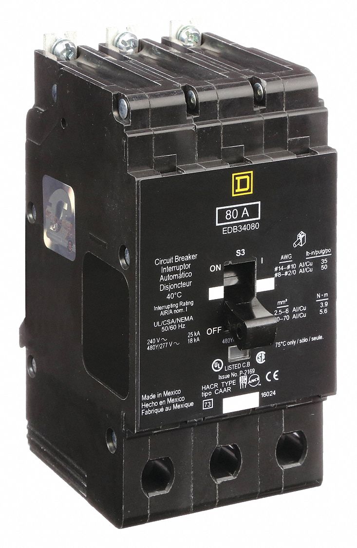 SQUARE D Miniature Circuit Breaker: 80 A, 277/480V AC, Three Phase, 18kA at  277/480V AC, 3 Poles