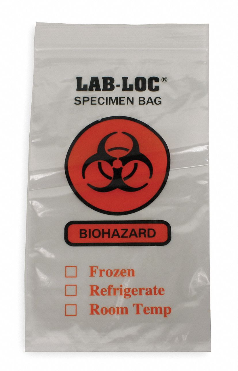 Specimen Transfer Bag: LDPE, Biohazard, 2 mil Thick, Clear, 10 in Overall Ht, Non-Sterile, 1, 000 PK