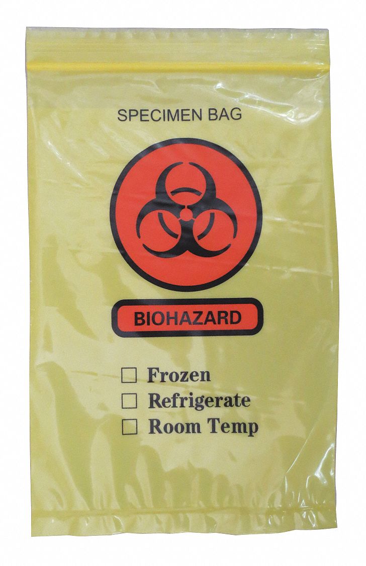 Specimen Transfer Bag: LDPE, Biohazard, 2 mil Thick, Yellow, 9 in Overall Ht, 3TZZ2, 1, 000 PK