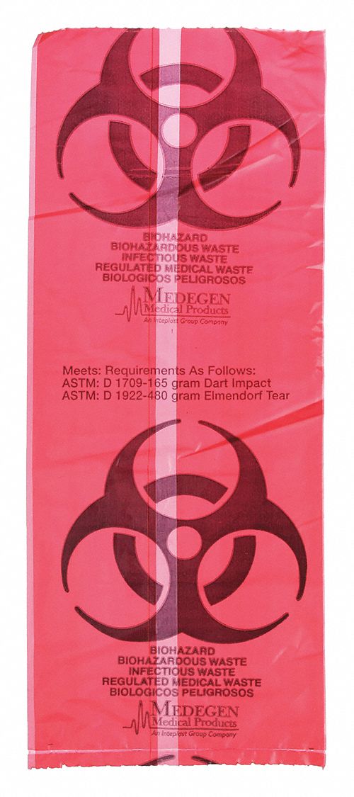 Biohazard Bags: 3 gal Capacity, 13 in Overall Wd, 20 in Overall Ht, Red, 200 PK