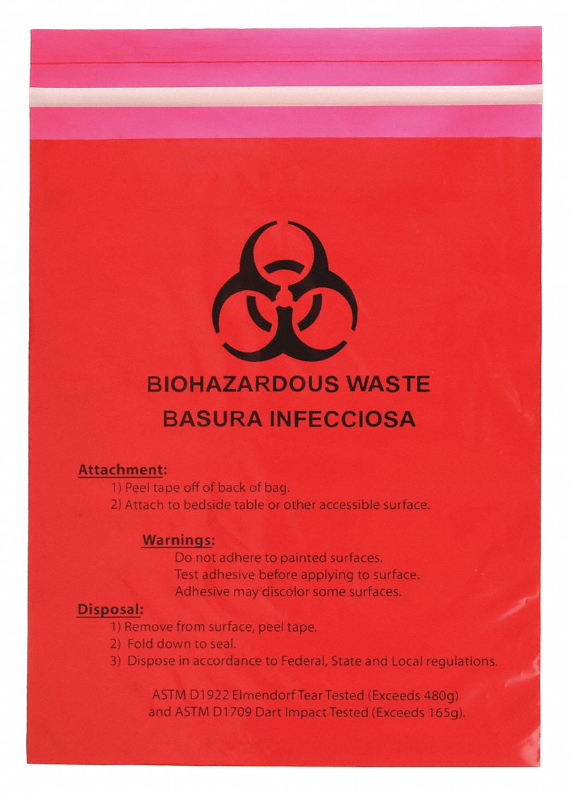 Biohazard Bags: 1 gal Capacity, 12 in Overall Wd, 14 in Overall Ht, Red, 100 PK