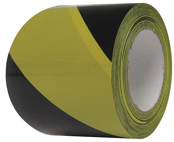 Floor Marking Tape: Gen Purpose, Striped, Black/Yellow, 3 in x 108 ft, 8 mil Tape Thick