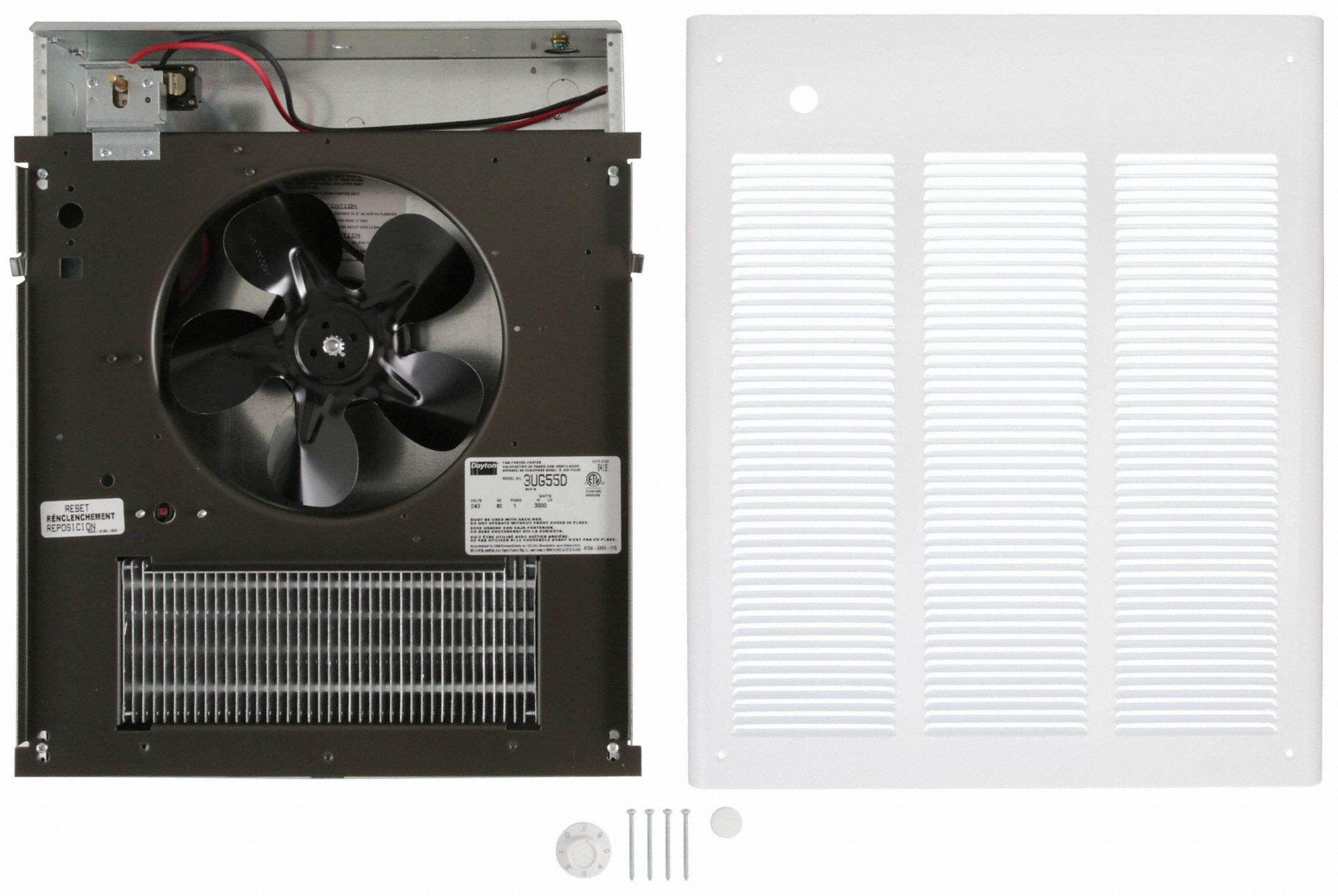 DAYTON Recessed Electric WallMount Heater 1,500W/3,000W, 240V AC, 1