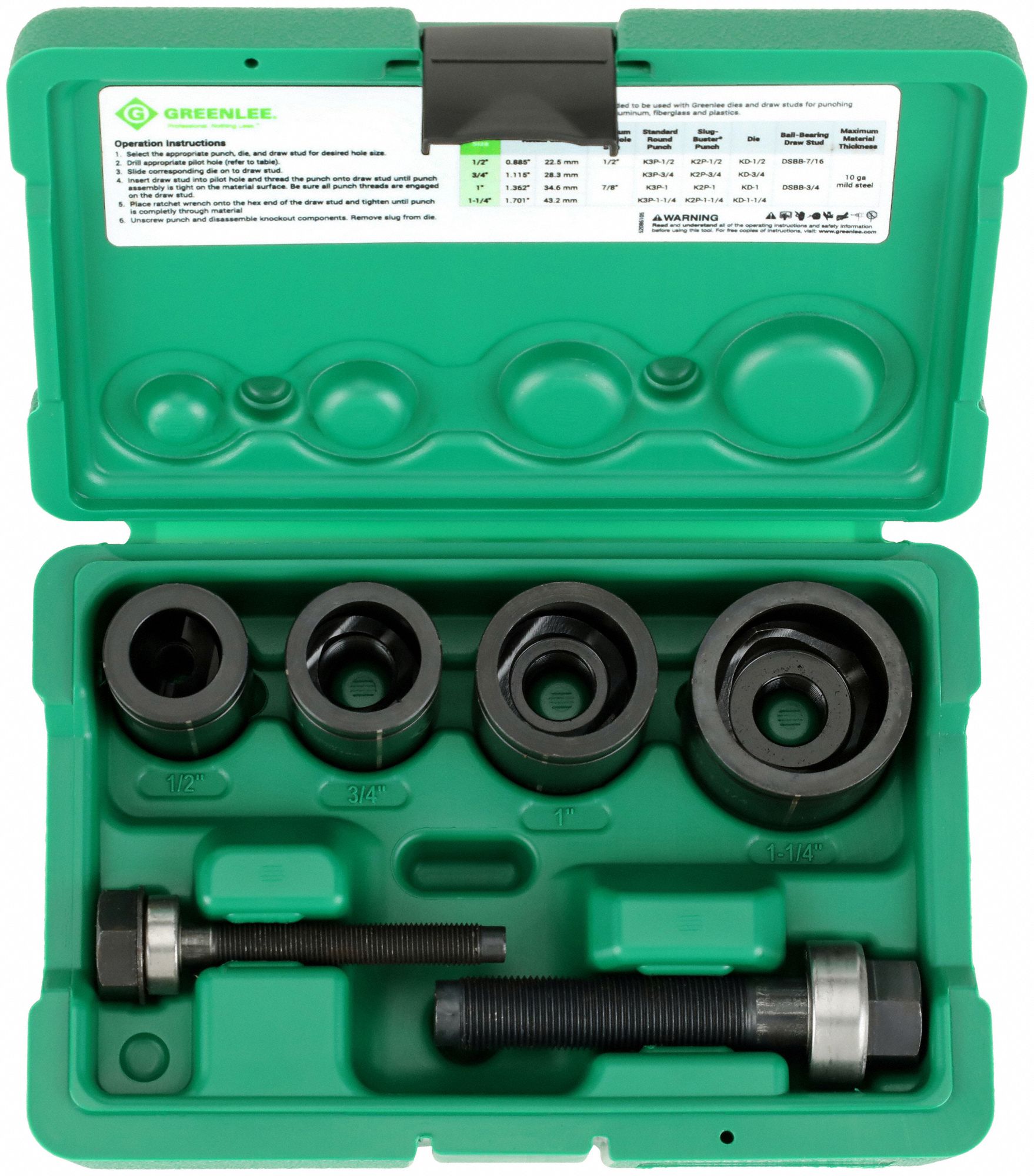 GREENLEE Round Knockout Punch Kit: 10 ga Max Sheet Metal Capacity-Steel,  Falls Free, Round