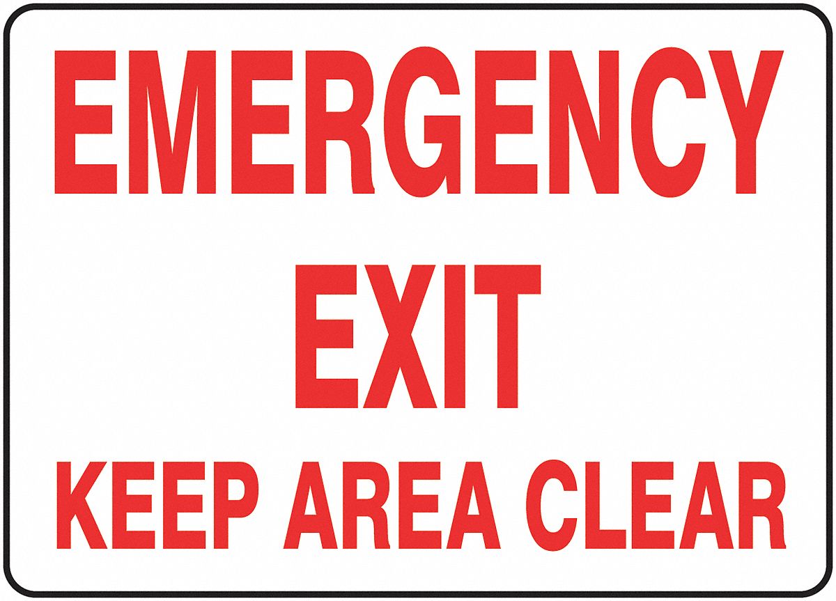 EMERGENCY EXIT SIGN, VINYL, 14 IN WIDTH, 10 IN HEIGHT, ADHESIVE SURFACE