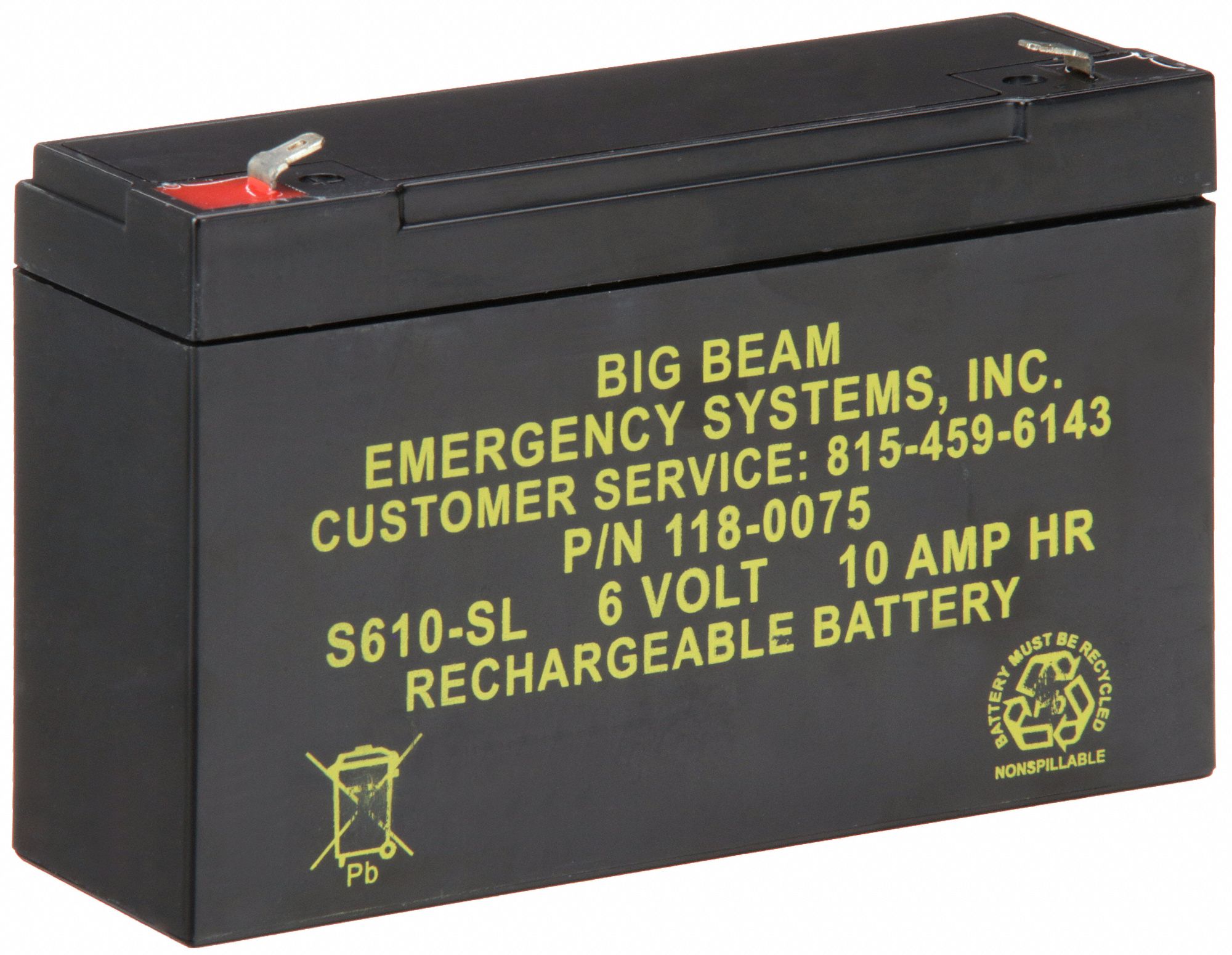 Battery: Sealed Lead Acid, 6 V Volt, 10 Ah Battery Capacity, 3 3/4 in Overall Ht, 6 in Overall Dp