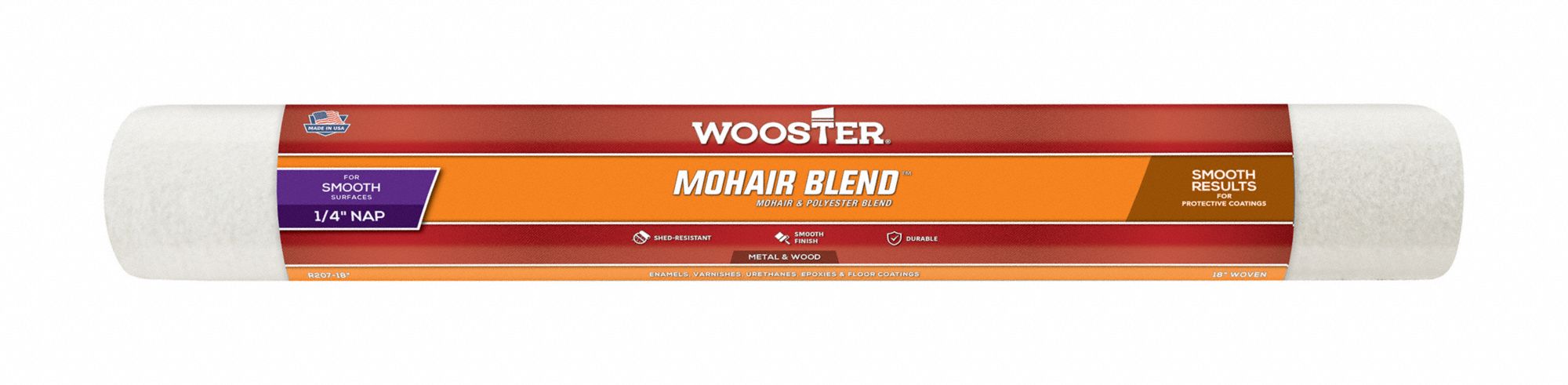 PAINT ROLLER COVER, 18 IN L, 1/4 IN NAP SIZE, MOHAIR FABRIC, MOHAIR BLEND, STANDARD