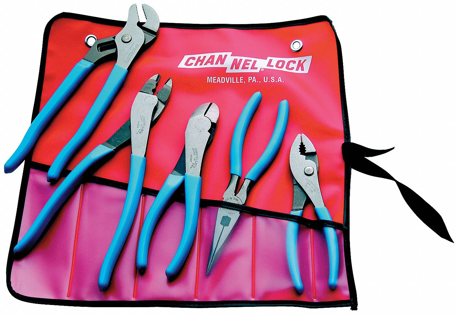 PLIER SET, 5 PLIERS, STANDARD CUSHION GRIP, MANUAL, TOOL ROLL, DIPPED