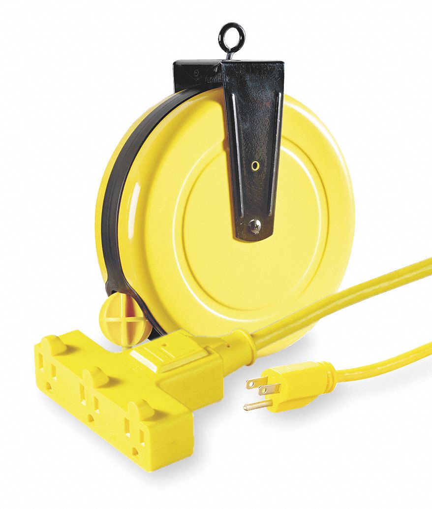 Extension Cord Reel, Spring Retraction, 120V AC, Triple Tap Connector, 30  ft, Yellow Reel Color - Grainger