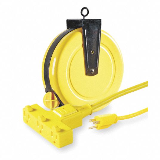 Extension Cord Reel, Spring Retraction, 120V AC, Triple Tap Connector, 30 ft,  Yellow Reel Color - Grainger