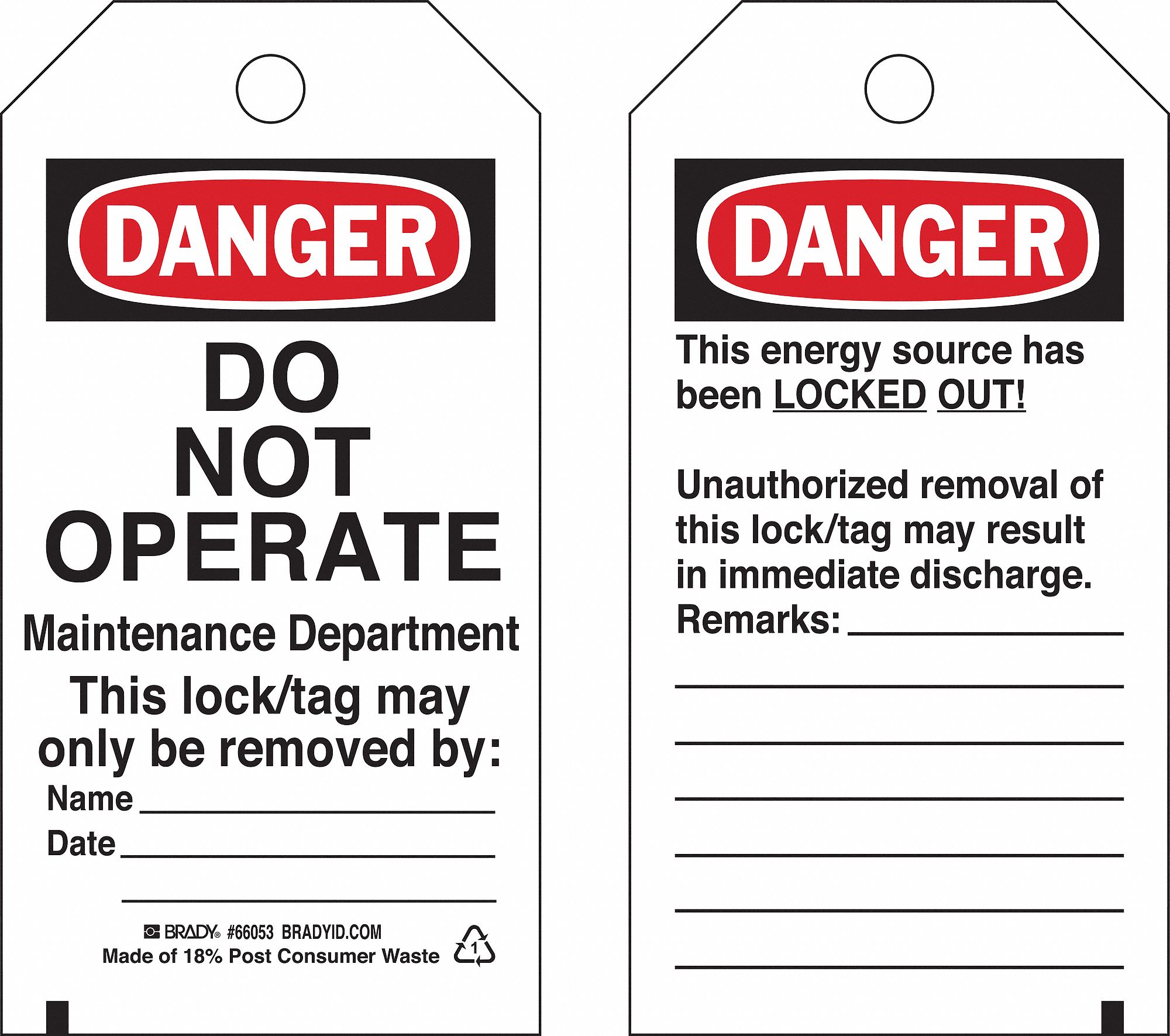 DANGER TAG, DANGER DO NOT OPERATE, POLYESTER, DATE/NAME/REMARKS, WRITE-ON SURFACE, 25 PK