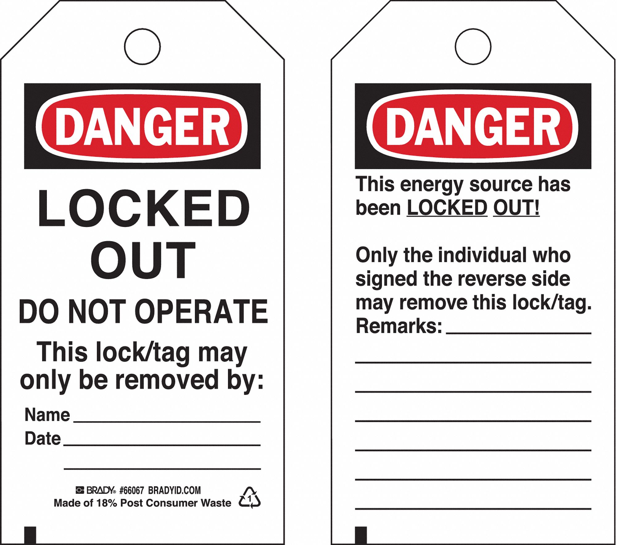 Danger Tag: Danger, Locked Out Device, Polyester, Date/Name/Remarks, Write-On Surface, English