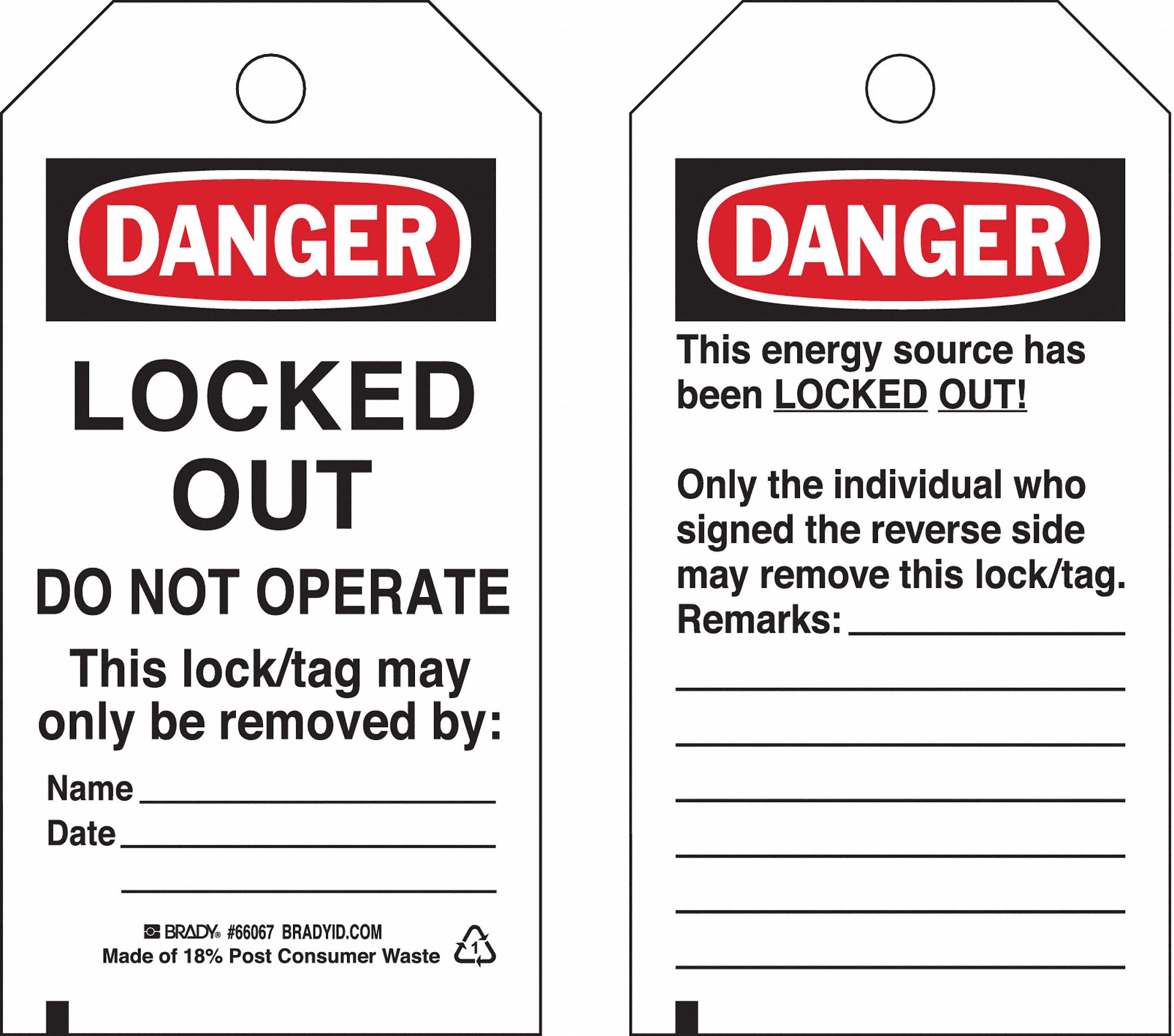 DANGER TAG, LOCKED OUT DEVICE, POLYESTER, DATE/NAME/REMARKS, WRITE-ON, ENGLISH, 25 PK