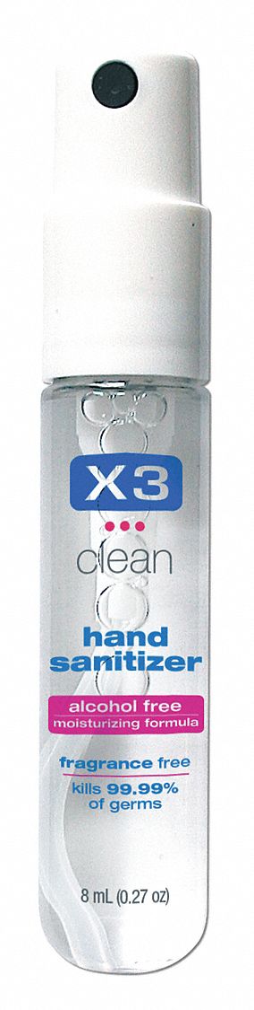 Hand Sanitizer: Liquid, Spray Bottle, 0.27 oz, Mild, Benzalkonium Chloride, X3 Clean Series