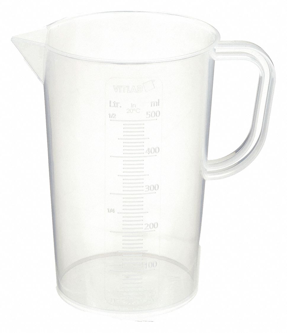 Beaker: Tall Form with Handle, 500 mL Capacity - mL, 16.91 fl oz Capacity - oz, 92 mm Outside Dia