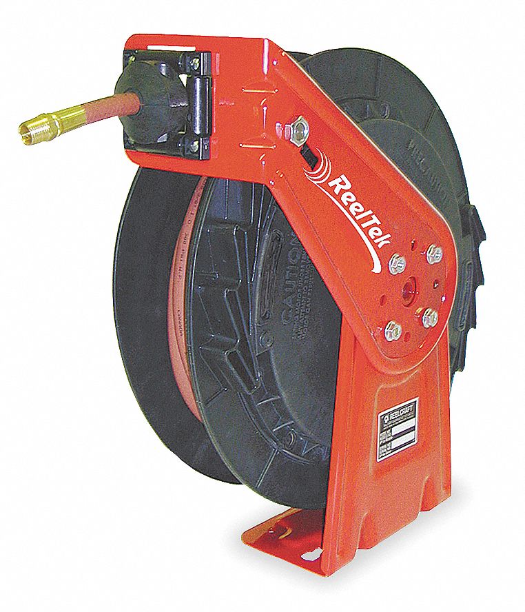 MEDIUM DUTY HOSE REEL, 150 °  F, PVC, POWDER COATED, 16½ IN L, 6¼ IN W, 17⅞ IN H, 300 PSI, ¾ IN OD, ½ IN ID, ½ IN FITTINGS
