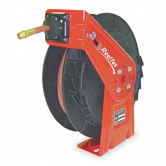 Spring Return Hose Reel: 35 ft (1/4 in I.D.), 1/4 in MNPT, 300 psi Max Op  Pressure, Brass, Green