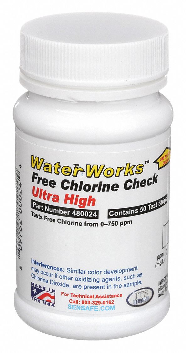 Test Strips: 0 to 750 ppm Free Chlorine, Free Chlorine, 50 Tests