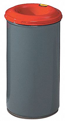 TRASH CAN, STEEL, FUNNEL TOP, GREY/RED, 55 GALLON CAPACITY, 38½ IN OVERALL H
