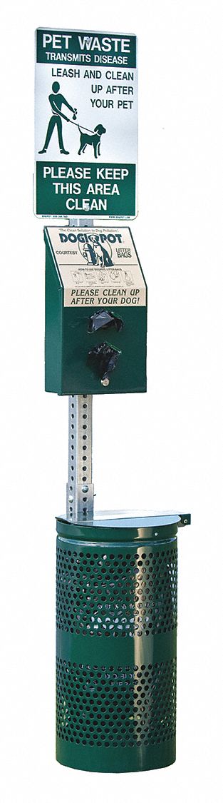 Pet Waste Station: 78 in Ht, 14 in Wd/Dia, Round, Green, Pole-Mounted