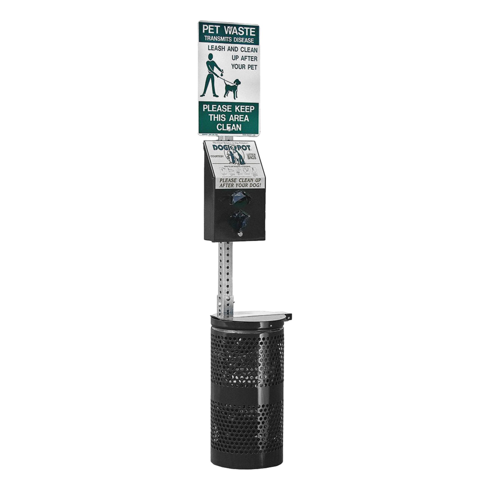 Pet Waste Station: 78 in Overall Ht, Round, Black, Pole-Mounted